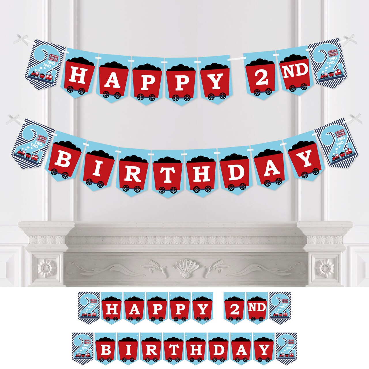 Big Dot of Happiness 2nd Birthday Railroad Party Crossing - Chugga Chugga Two Two - Steam Train Second Party Bunting Banner Decor - Happy 2nd Birthday